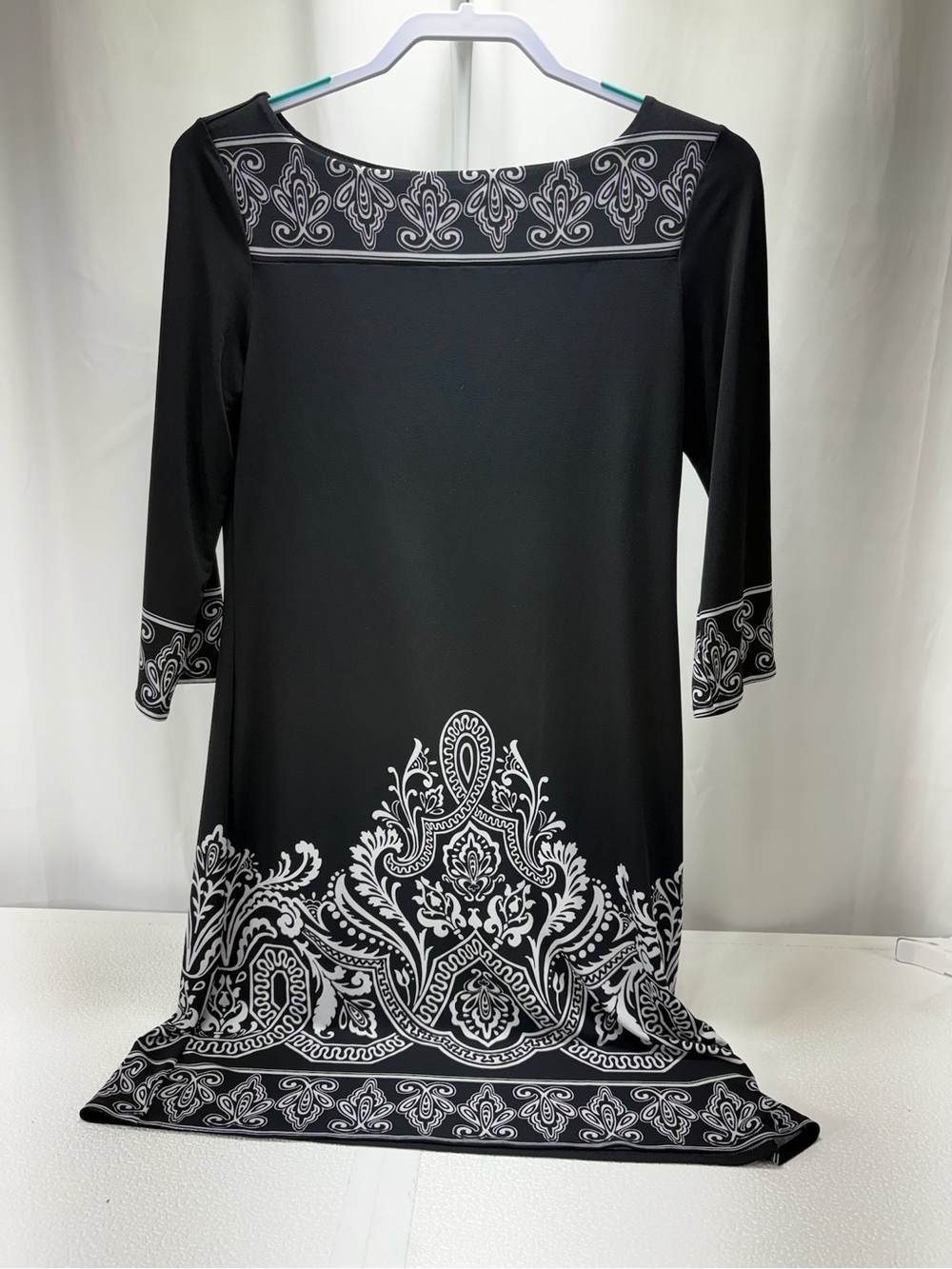 White House Black Market Black Dress with White Paisley Border Accents 4366